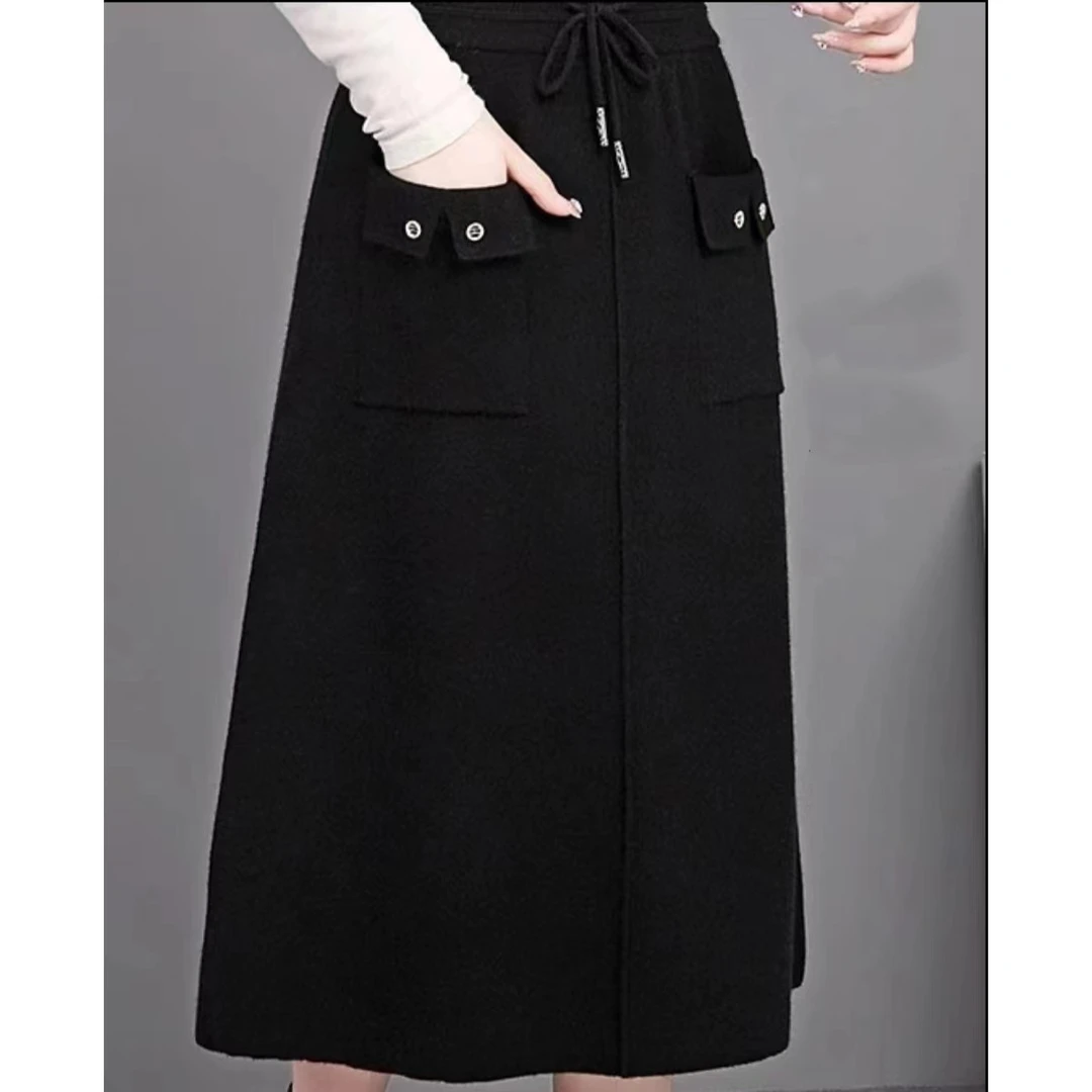 秋冬双口袋针织羊毛气质半身裙女时尚百搭显瘦弹力高腰加厚保暖裙