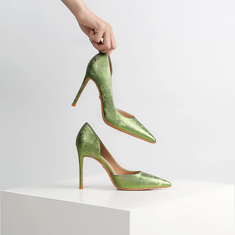 【薄荷曼波绿】春夏新款侧空国风印花高跟鞋女细跟尖头浅口时尚单鞋