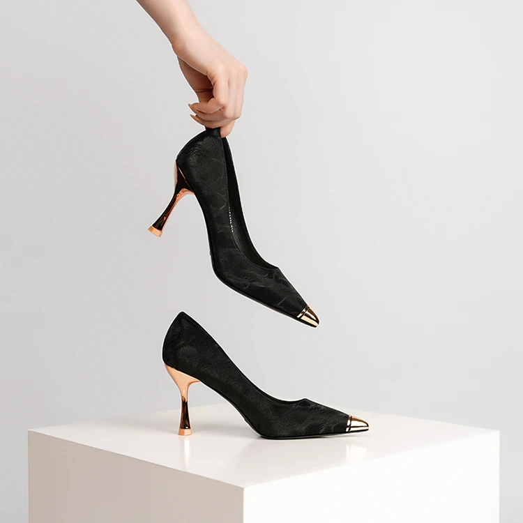 【羊皮】金属头高跟鞋女2025新款夏季性感百搭气质尖头小细跟单鞋