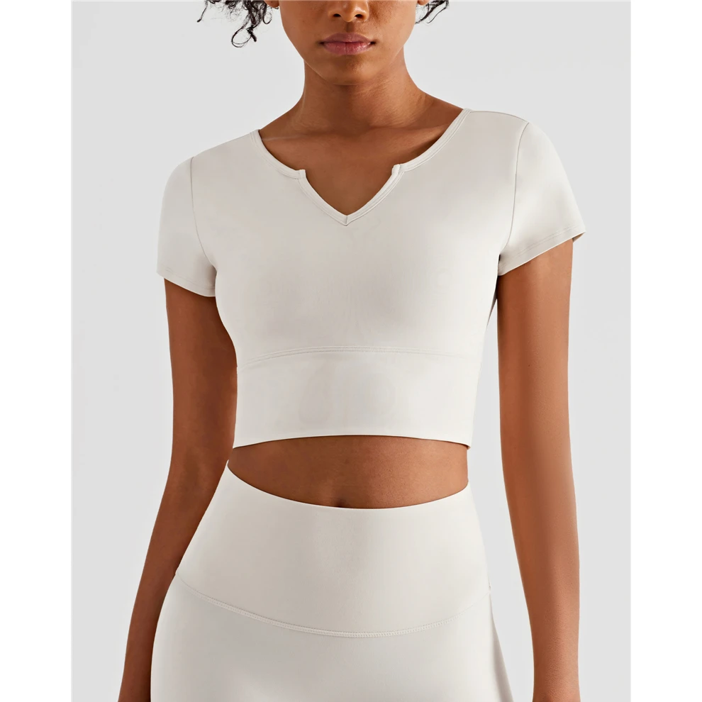 【NU裸感】W13440瑜伽服短袖带胸垫V领健身背心外穿运动T恤女短款
