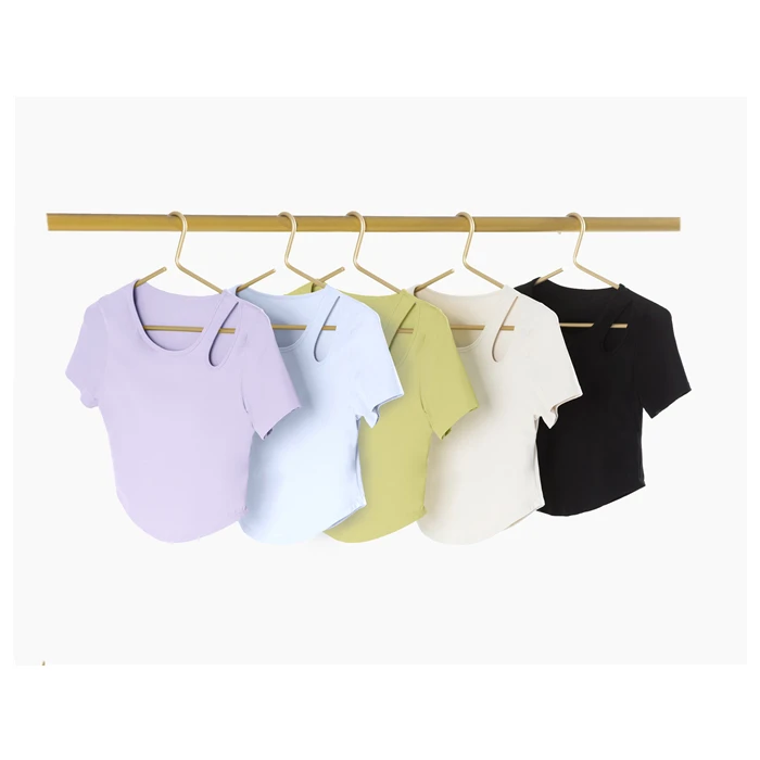 【裸感】Z-13554瑜伽服半固定杯短袖镂空上衣紧身运动T恤