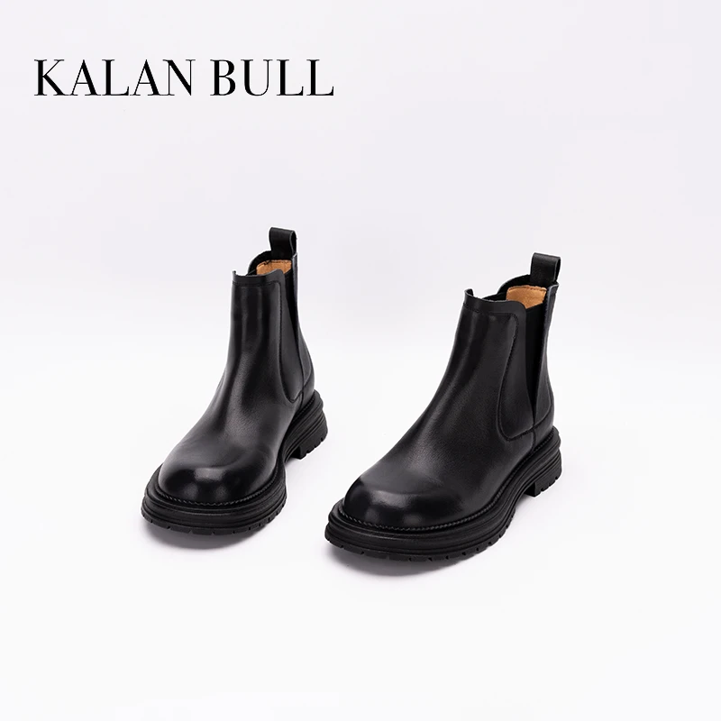 水洗牛皮短靴女2024冬季新款切尔西厚底一脚蹬复古马丁靴女T2-28