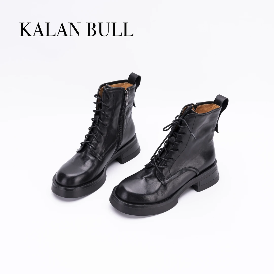 头层牛皮/粗跟4.5CM秋冬季系带马丁靴英伦风厚底2024新款女靴短靴