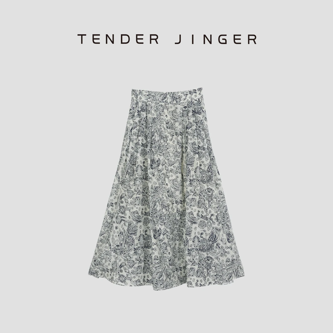 【疯狂星期三】陶瓷花百搭气质收褶牛裙T42KP76095