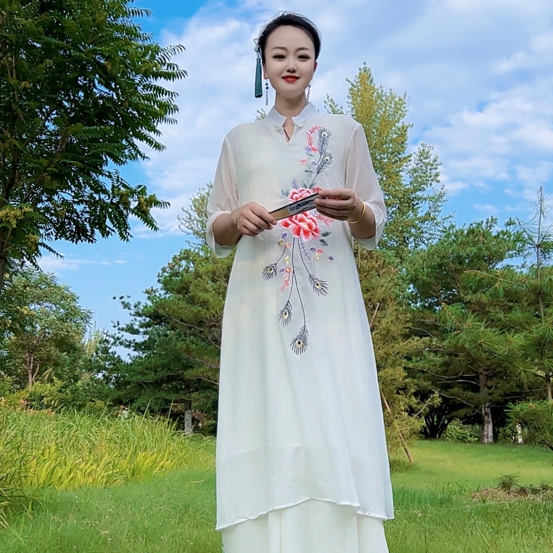 673款 国风绣花连衣裙新中式夏季中长款 同色里衬