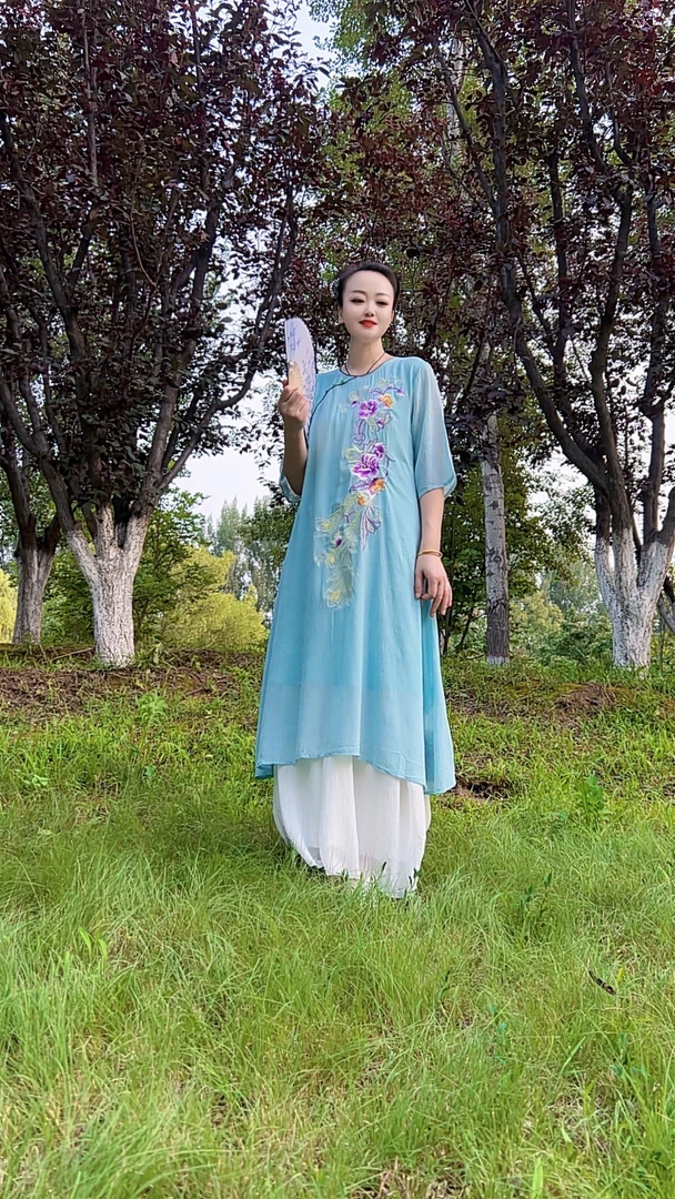 93款 国风绣花连衣裙新中式夏季中长款 同色里衬