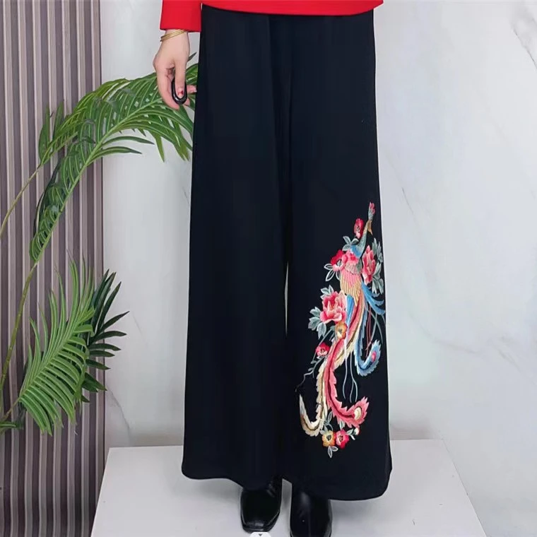 2215-1 秋冬款国风绣花阔腿裤 休闲百搭时尚宽松