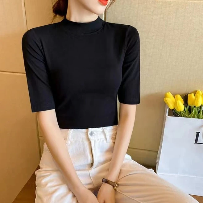 t恤半袖百搭圆领打底衫五分袖遮肉显瘦宽松上衣女弹力纯色秋内搭