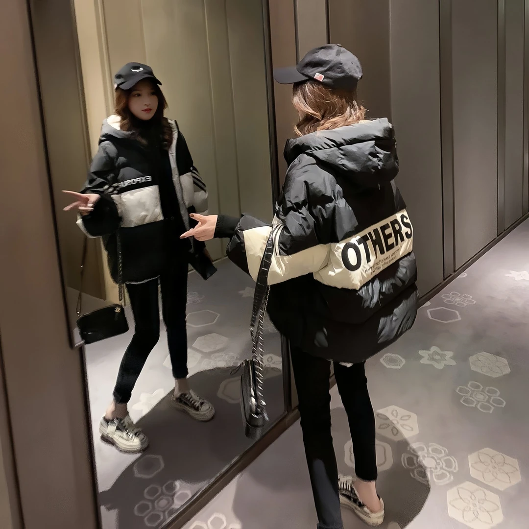 羽绒棉服女2024冬季新款时尚宽松显瘦保暖防寒棉衣连帽印花防寒服