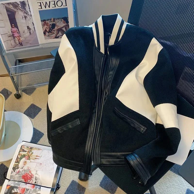 拼接宽松美式复古棒球服男士外套春秋季设计感小众夹克潮牌情侣上