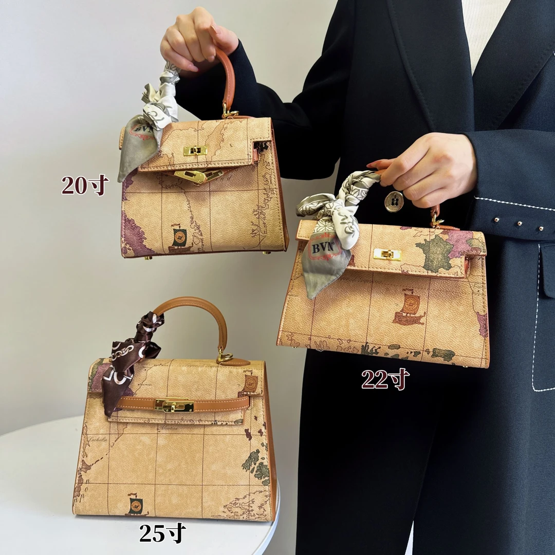 BVN正品高订地图纹凯莉包新款环游地球手提包女士百搭气质时尚