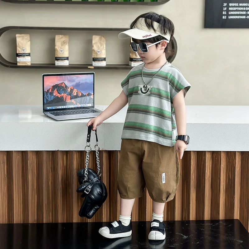 男童条纹套装夏季2024新款痞帅小儿童装薄款背心宝宝夏装无袖衣服