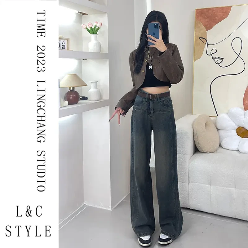 2025年新款水泥灰窄版阔腿牛仔裤女裤子季高腰宽松裤子拖地裤