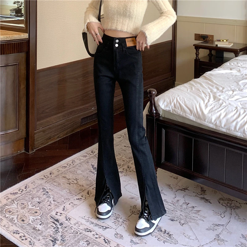 微喇叭裤牛仔裤女高腰裤子2025年新款开叉设计修身喇叭裤子潮