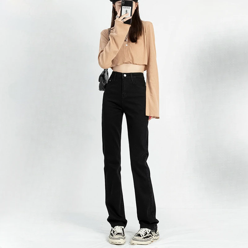 裤子窄版直筒牛仔裤女裤子新款宽松弹力高腰裤子黑色烟管裤秋冬