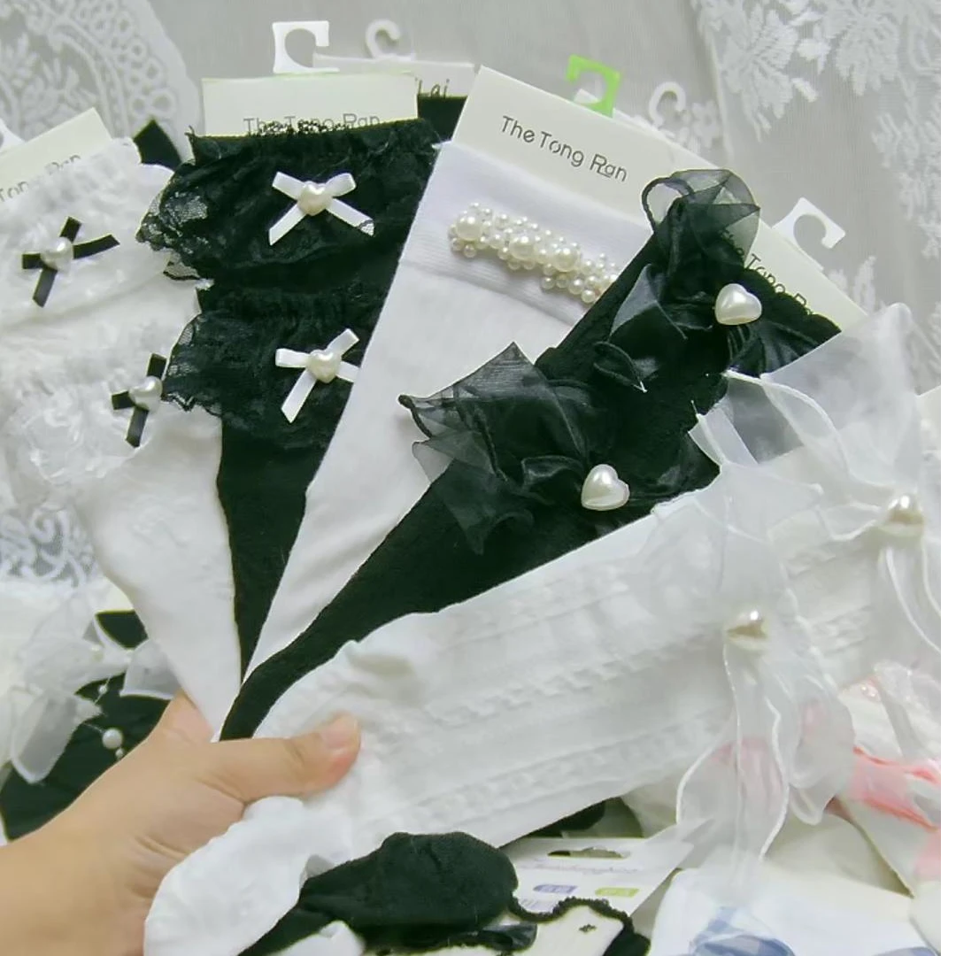 秋冬款lolita花边蝴蝶结可爱仙女蝴蝶结袜子潮中筒纯色蕾丝