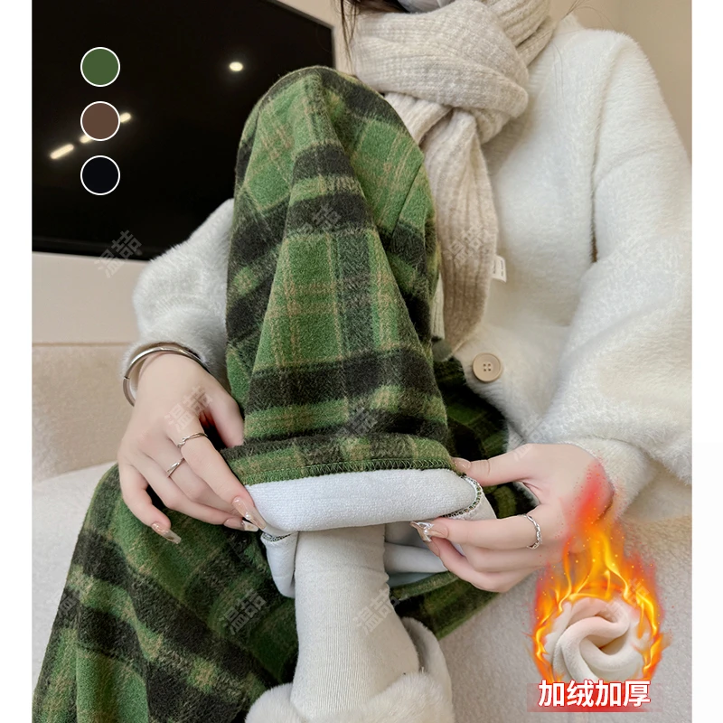 温喆绿色毛呢格子裤女秋冬加厚高腰慵懒直筒裤休闲复古宽松阔腿裤