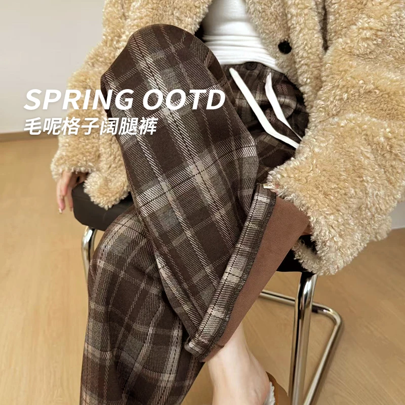 慵懒风复古格子休闲裤女秋冬松紧腰阔腿裤宽松拖地裤毛呢阔腿裤