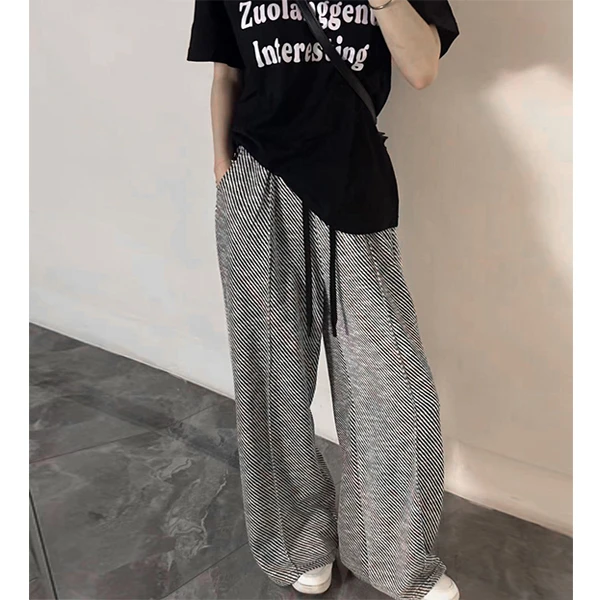 温喆宽松休闲风显瘦直筒阔腿裤女2024年春季新款条纹外穿百搭长裤
