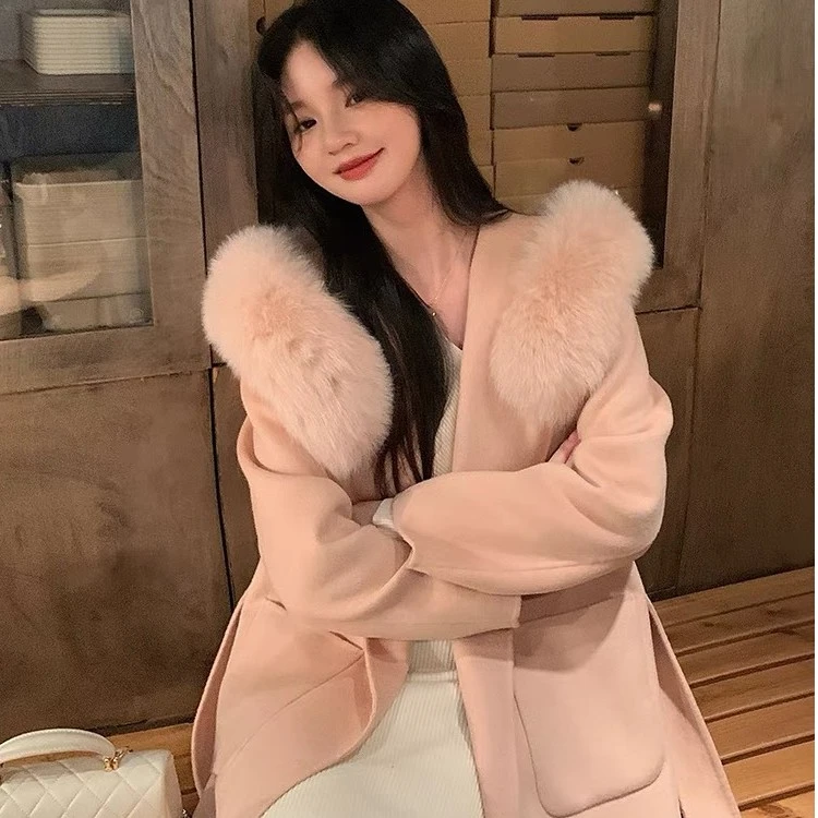 雪后初霁2023秋冬新款韩版网红宽松双面呢中长款显瘦腰带羊毛大衣