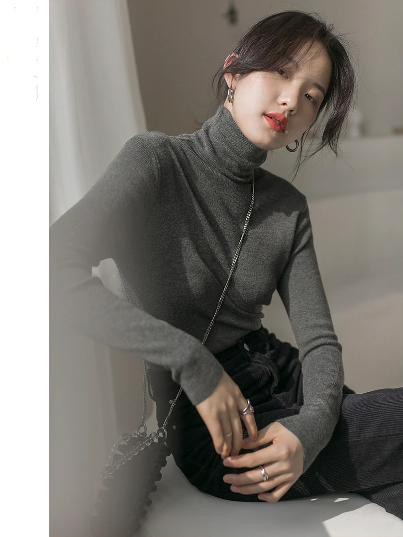 高领毛衣打底衫女秋冬季修身显瘦灰色内搭针织衫软糯堆堆领上衣