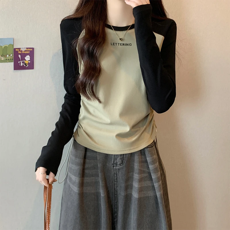撞色别致插肩t恤女长袖秋季设计感抽绳下摆不规则上衣内搭打底衫
