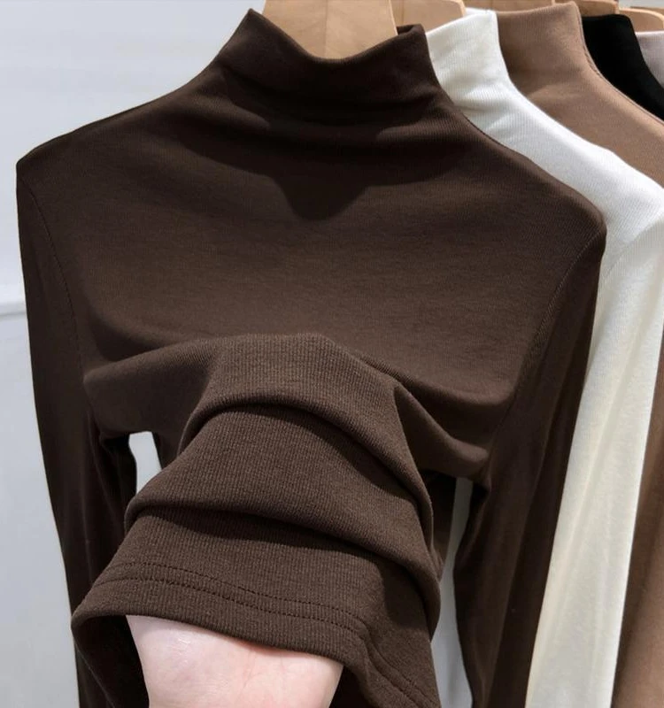 螺纹德绒半高领打底衫女纯色2023秋冬新款内搭百搭加厚长袖t恤