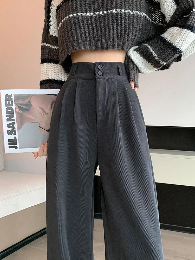 灰色雪尼尔窄版阔腿裤女秋冬2023新款高腰垂感加厚休闲直筒裤子