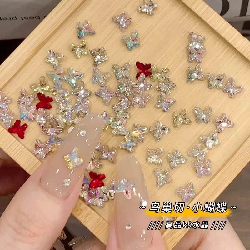 美甲鸟巢切混彩蝴蝶钻