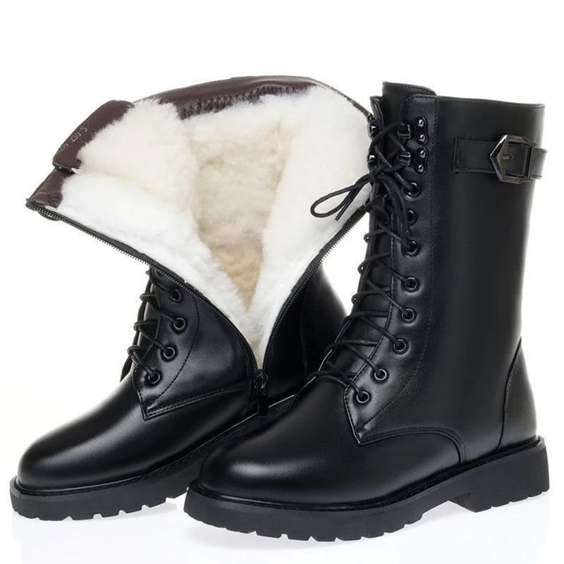 冬季2023年女靴中筒靴真软皮棉鞋马丁靴女棉靴平跟英伦风短靴女