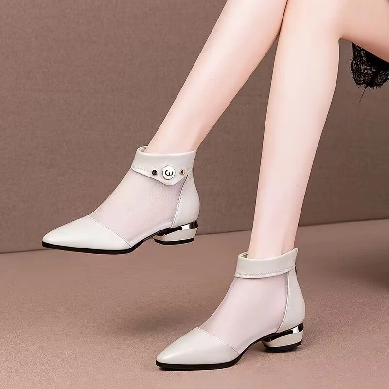 爆款真软皮网靴女2024春季新款尖头粗跟凉鞋女镂空网纱中跟凉靴女