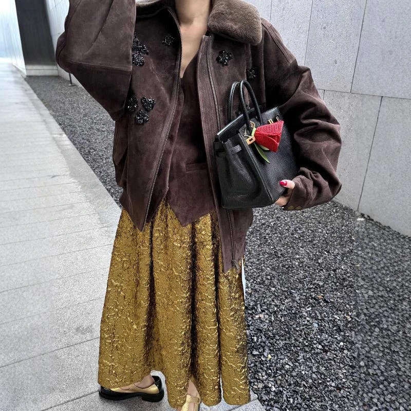 京熹服饰24复古重工钉珠花朵毛毛领保暖夹克秋法式轻奢宽松