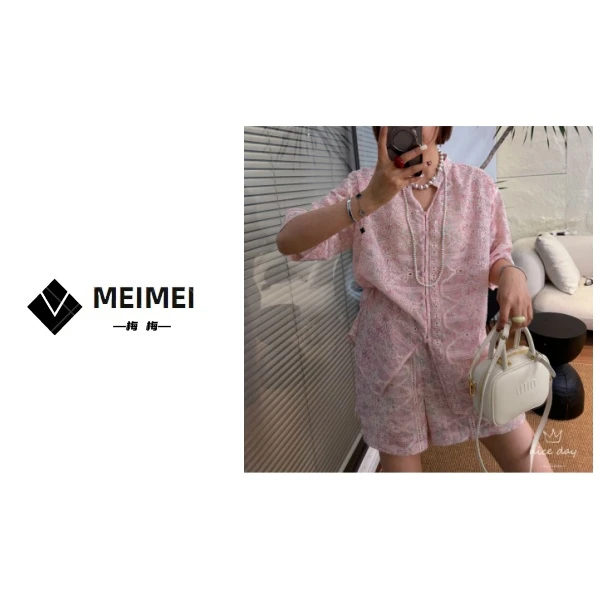 XMM.【粉色勾花套装】夏季新款时尚百搭宽松复古提花舒适小众套装