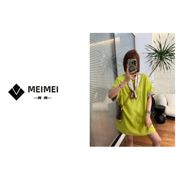 XMM.《翻边拼色袖t裙》夏季时尚百搭洋气休闲宽松中长款圆领短袖t裙