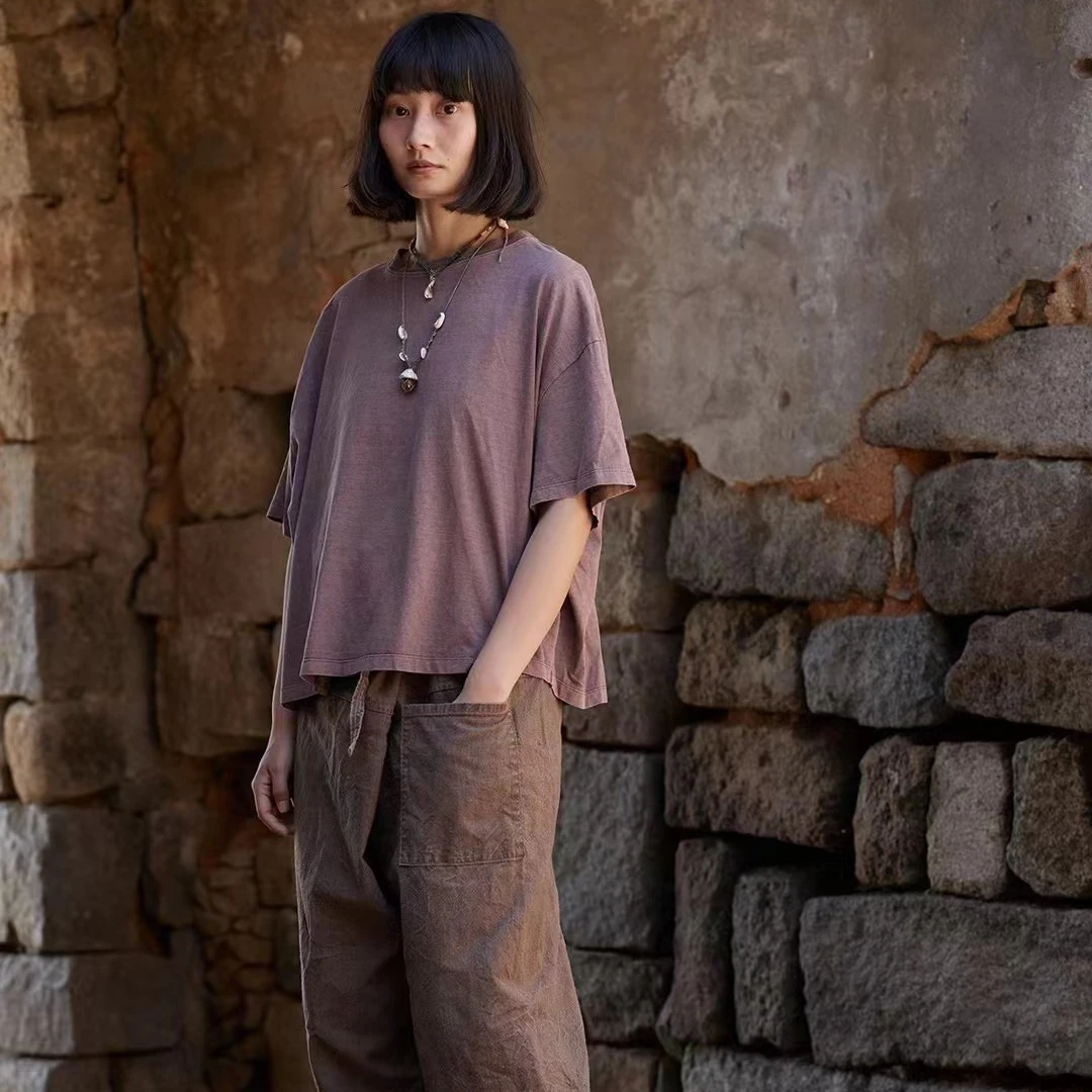 24SS4006纯色T恤时尚休闲百搭夏季复古宽松圆领套头纯棉半袖文艺