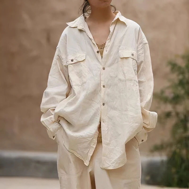 22SS1056长袖白色时尚休闲百搭复古宽松夏季薄款韩版纯色