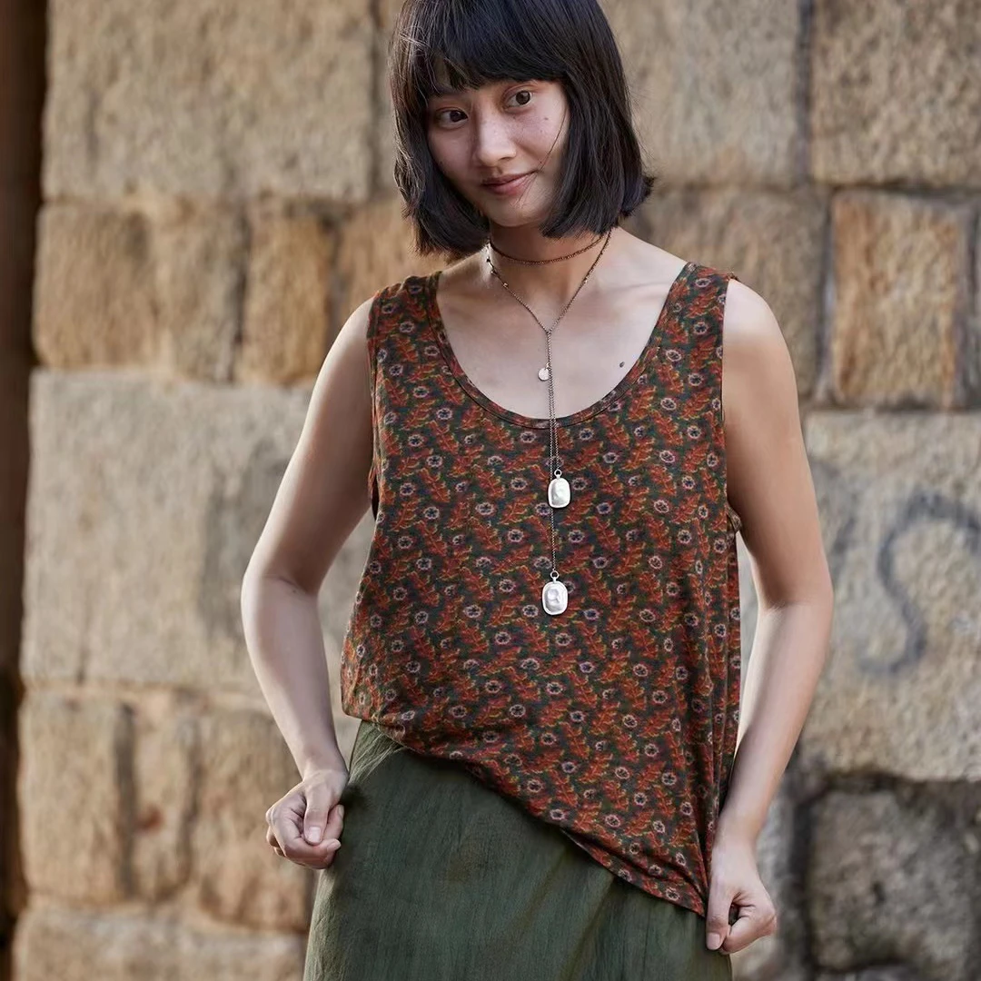 24SS4004女背心打底碎花夏季复古文艺印花民族风无袖圆领