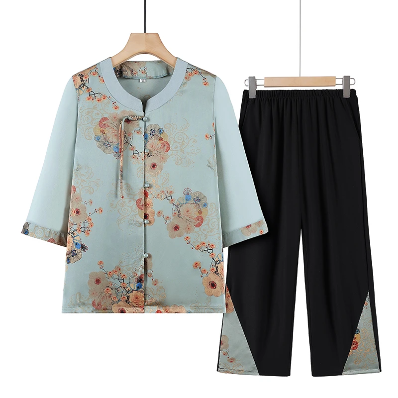 春秋新中式唐装衬衫套装半袖夏季宽松大码中国风妈妈装薄款女