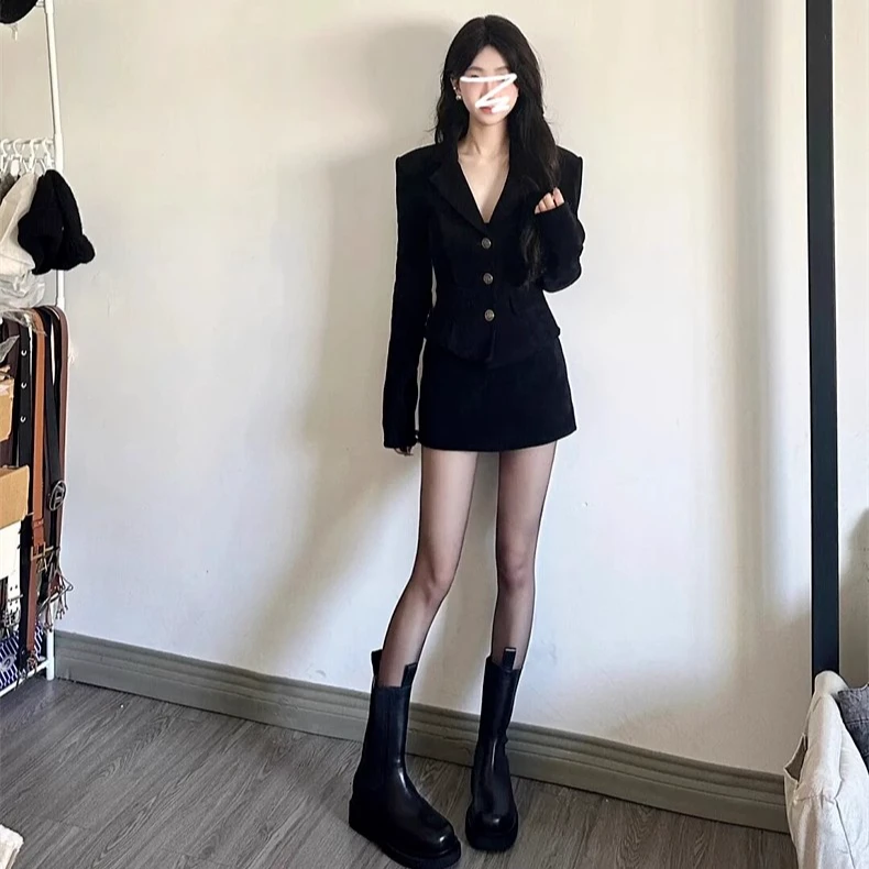 富家千金小香风套装裙秋冬季高级感小个子黑色西装外套气质两件套