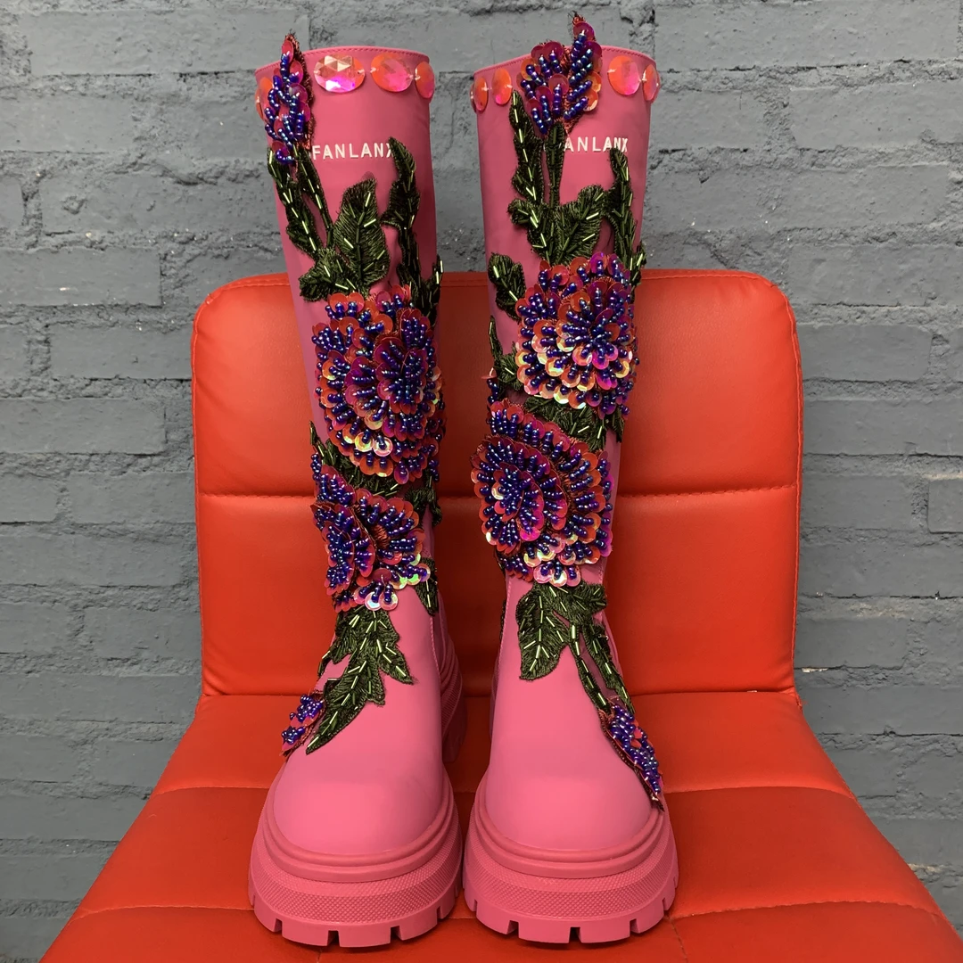 新款小众炸街提花绣百搭高筒靴长靴桃粉色