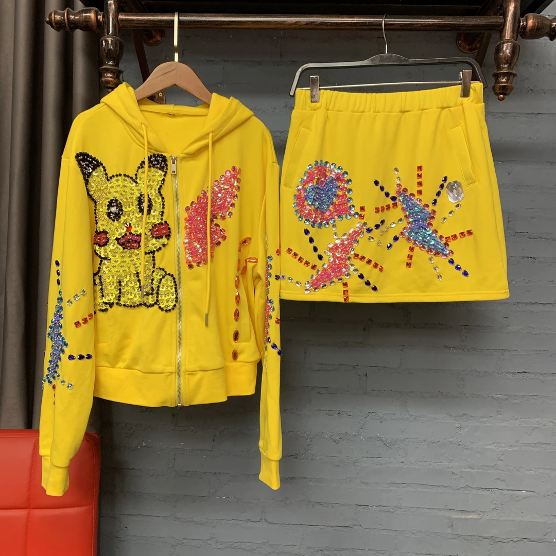 春季新品 手工满钻柠檬黄 皮卡丘卫衣套装半身裙