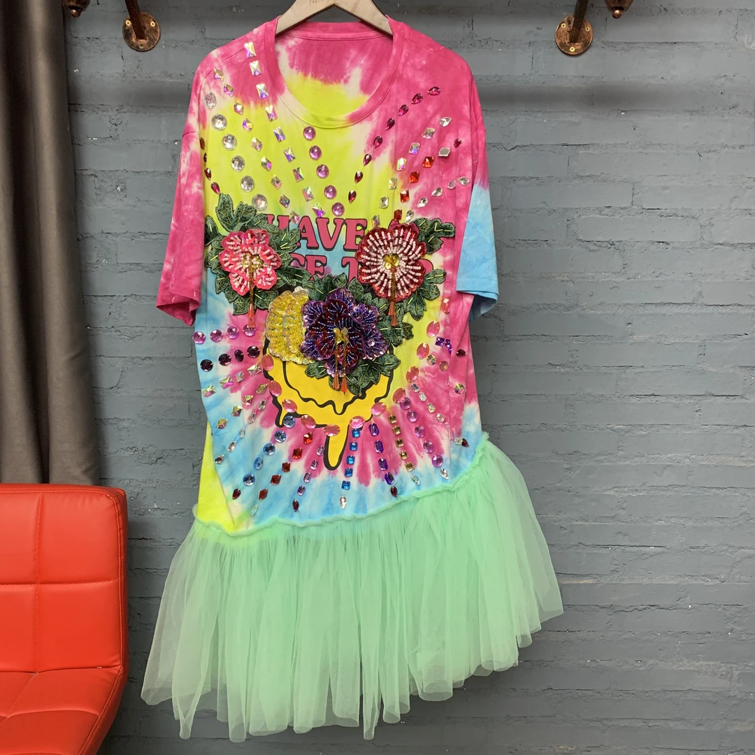 新款扎染满钻提花绣网纱拼接短袖