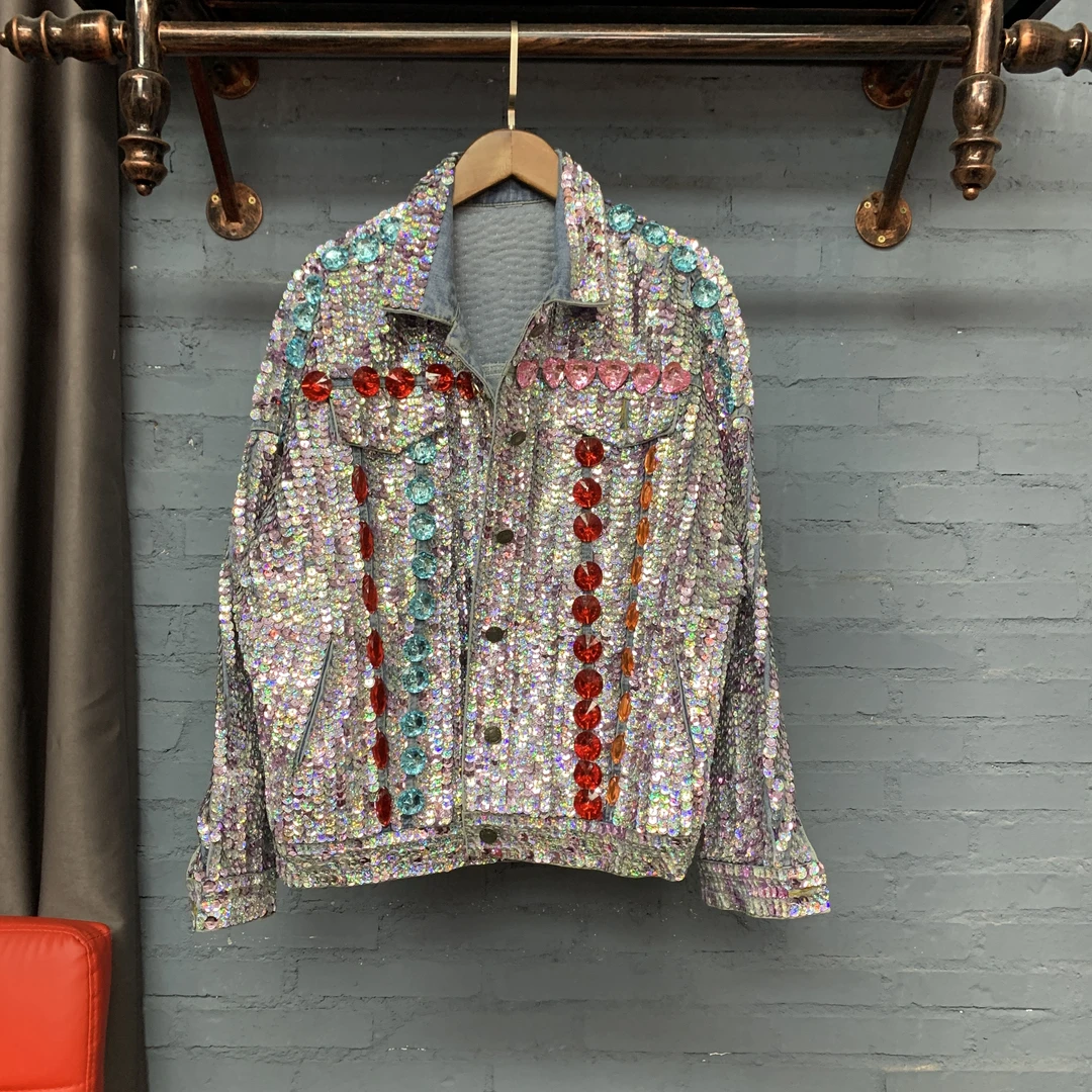 2024秋季 个性手工 银色亮片牛仔外套