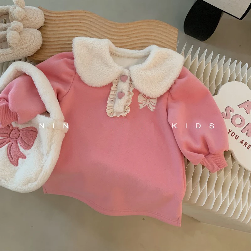 女童卫衣加绒秋冬季新品儿童甜美韩范翻领长袖上衣宝宝长款衣服