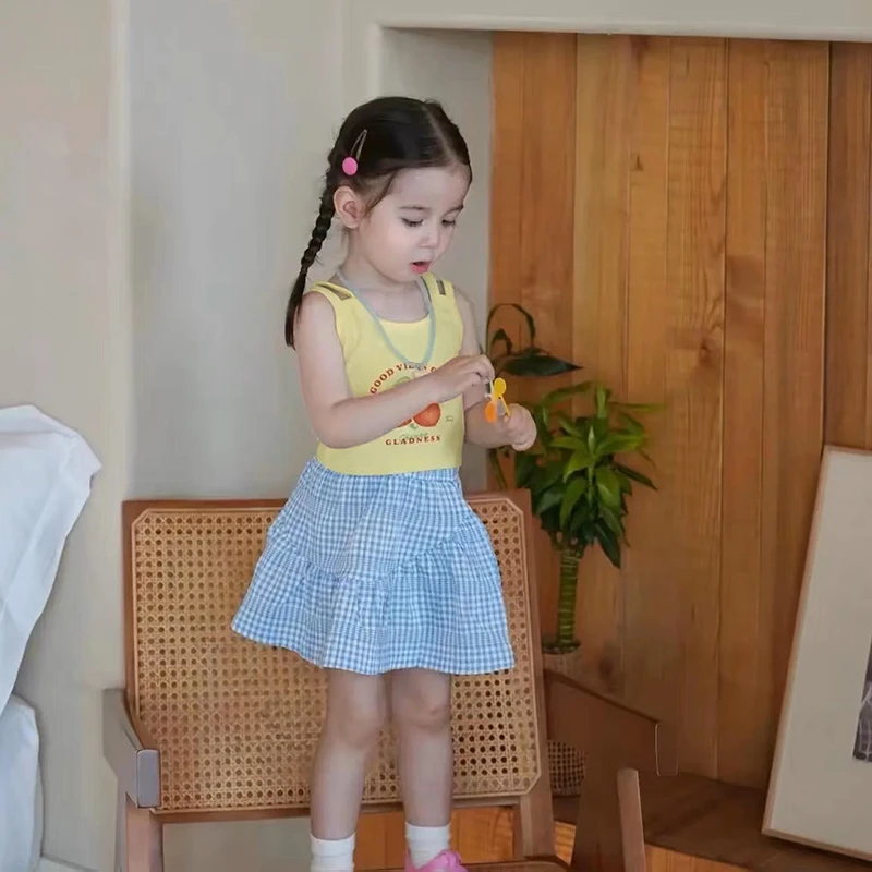 女童韩系套装2024年夏季新款韩版女宝宝背心上衣格子半身裙两件套