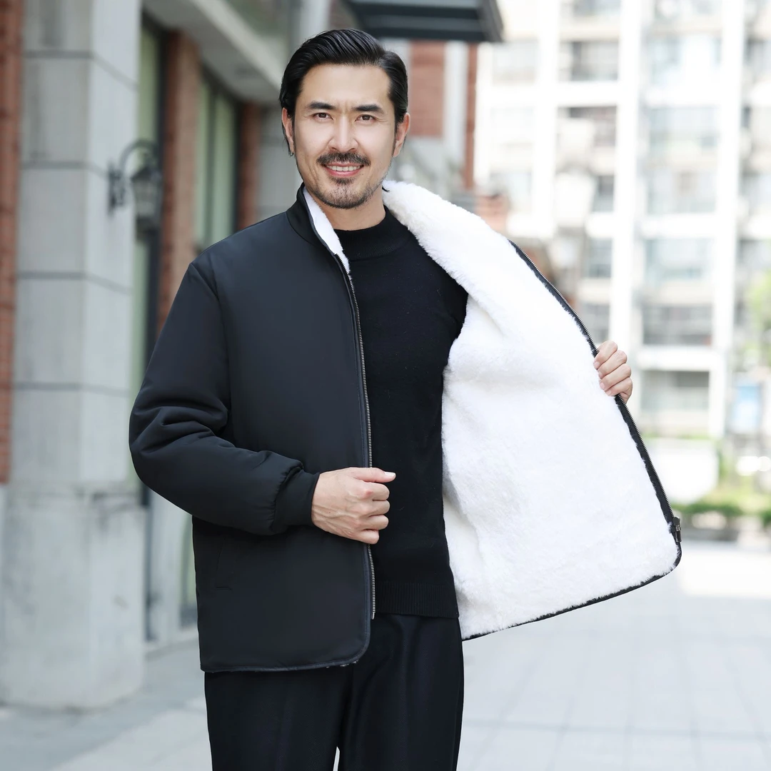 皮毛一体羊皮袄男新款羊羔毛中老年冬季立领宽松男士棉袄保暖上衣