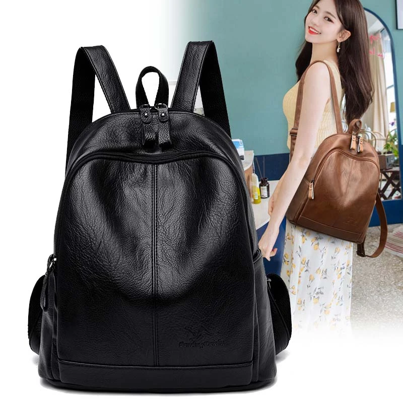 袋鼠双肩包女休闲真软皮2025新款时尚简约旅行背包大容量轻便潮