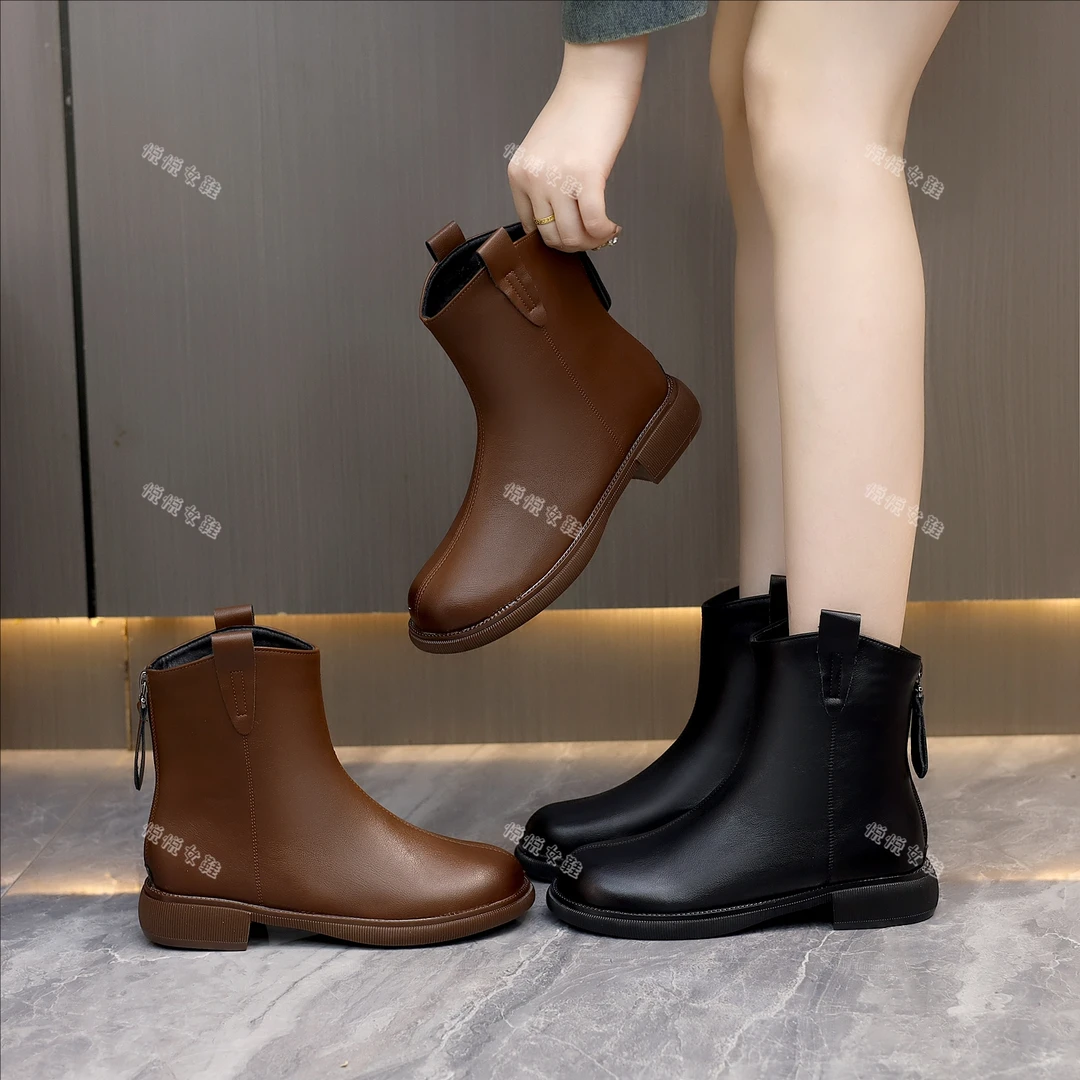 马丁靴女2025冬季新款后拉链加绒保暖瘦瘦靴软皮软底舒适短靴
