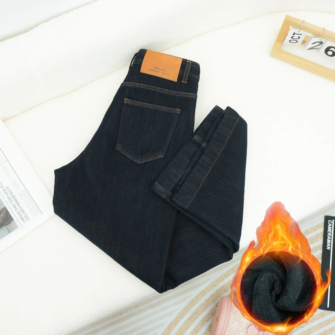 雅丹风蓝金原色丹宁牛仔裤女加绒加厚秋冬新款拖地裤高腰窄版阔腿