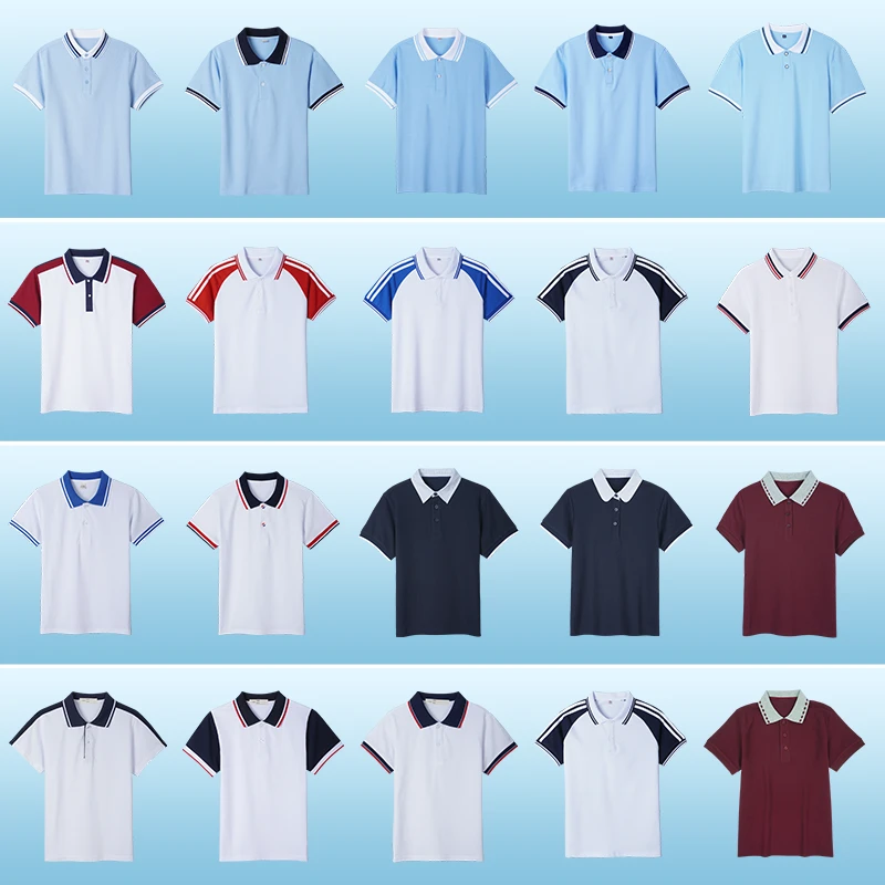 高中生校服短袖夏季白色天蓝色翻领Polo衫上衣初中班服毕业演出服